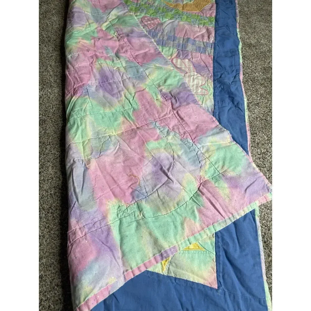 Vintage Whimsical Blanket Quilt Neon Colors Moon Stars Bunnies 47in X 31in